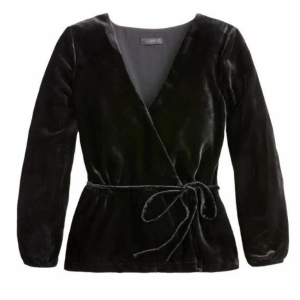J. Crew Faux Wrap Top Drapey Ultra Lush Velvet in Black Size 2 NWT